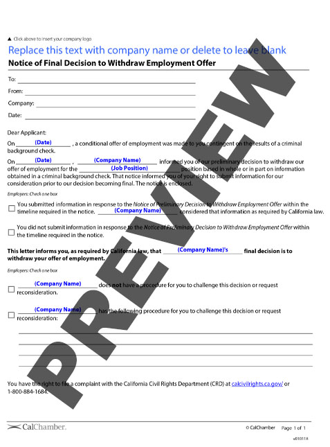 Notice of Final Decision to Withdraw Employment Offer - Criminal History  Only - HRCalifornia